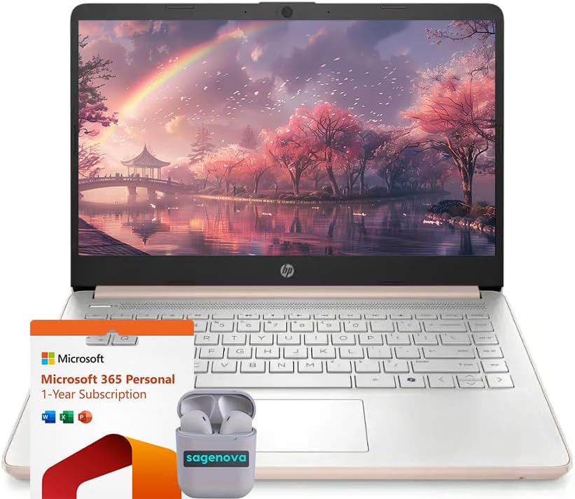 HP 14 Business Laptop Computer with Microsoft Office 365, 4-Core Intel Processor, 128GB SSD + 1TB Cloud Storage, 8GB RAM, Windows 11, SageNova Earphones, Pale Rose Gold