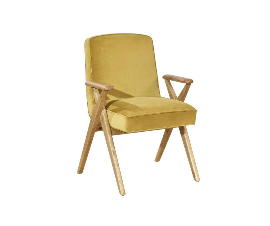 BO PARIS - X - Fauteuil de table scandinave en bois et velours jaune moutarde