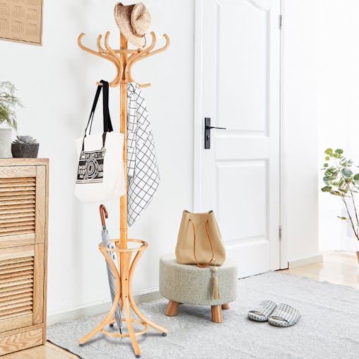 NNECW Free-standing Jacket Stand with Umbrella for Living Room-Natural