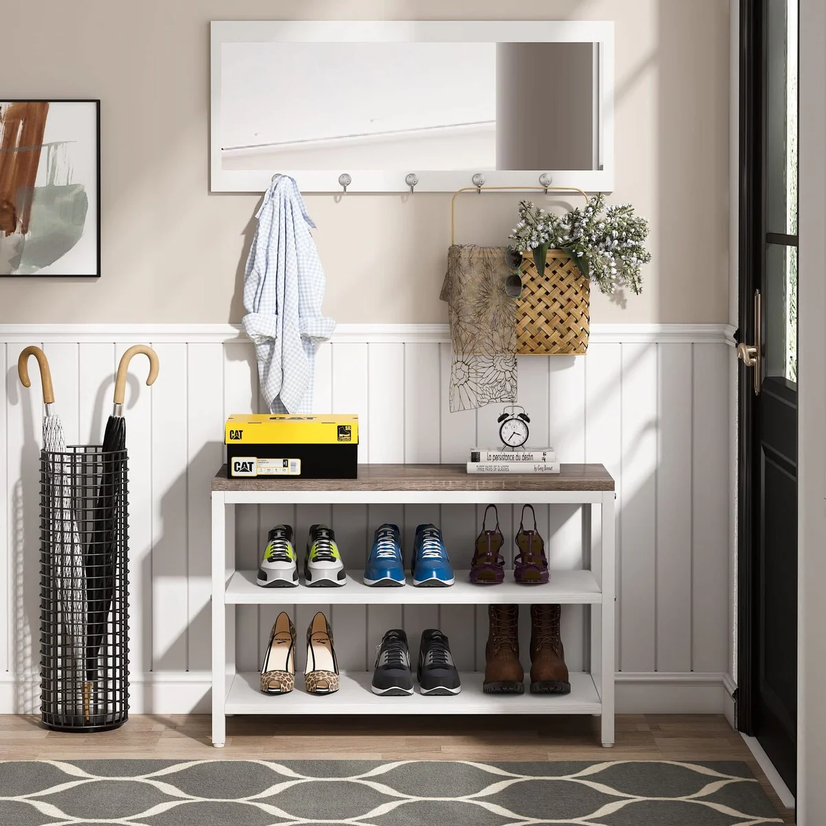 Shoe Bench with Mirror and Hooks for Entryway