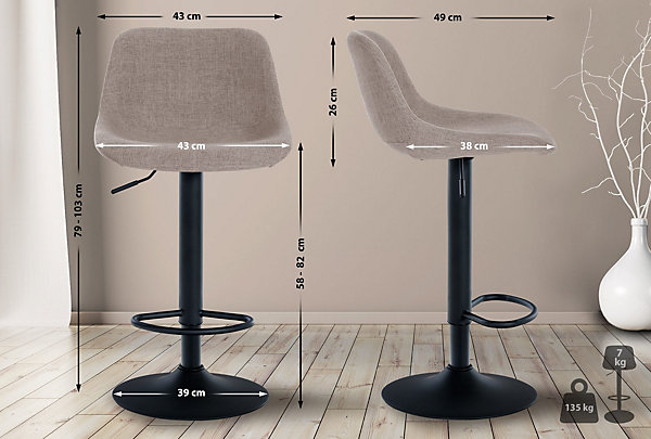 Lot de 2 tabourets de bar Loft, 2 tabourets de comptoir, Chaises avec dossier, pivotantes à 360 , réglables. Taupe/Tissu