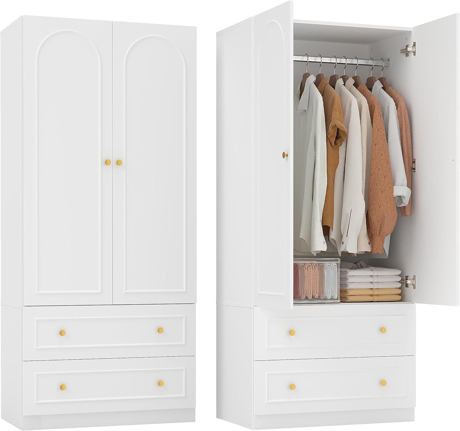 GOODONE Wooden Armoire Wardrobe Closet - 71 Tall Bedroom Armoires with 2 Doors and 2 Drawers, Modern Wardrobe Cabinet with Removable Hanging Rod, White