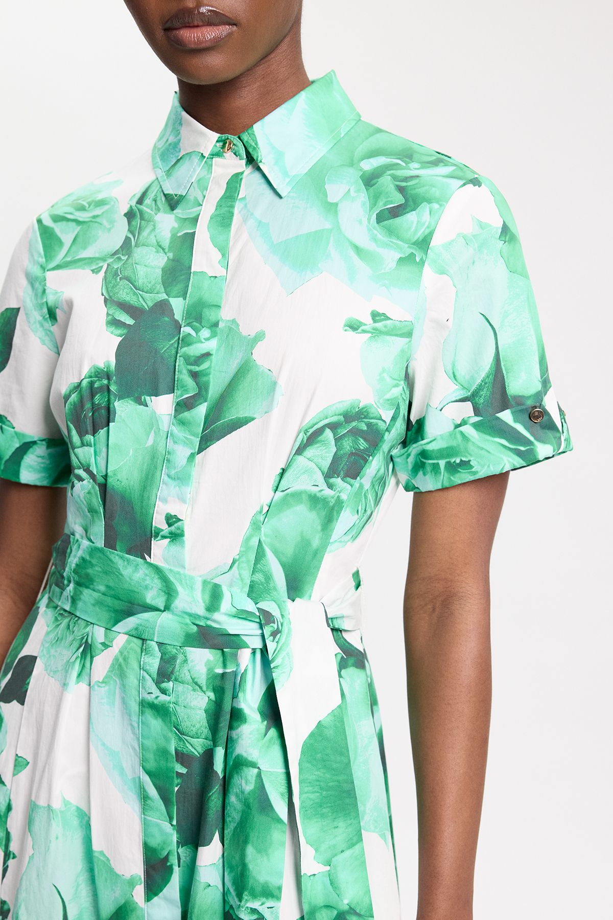 KarenMillen Rose Print Cotton Sateen Floral Woven Belted Maxi Shirt Dress