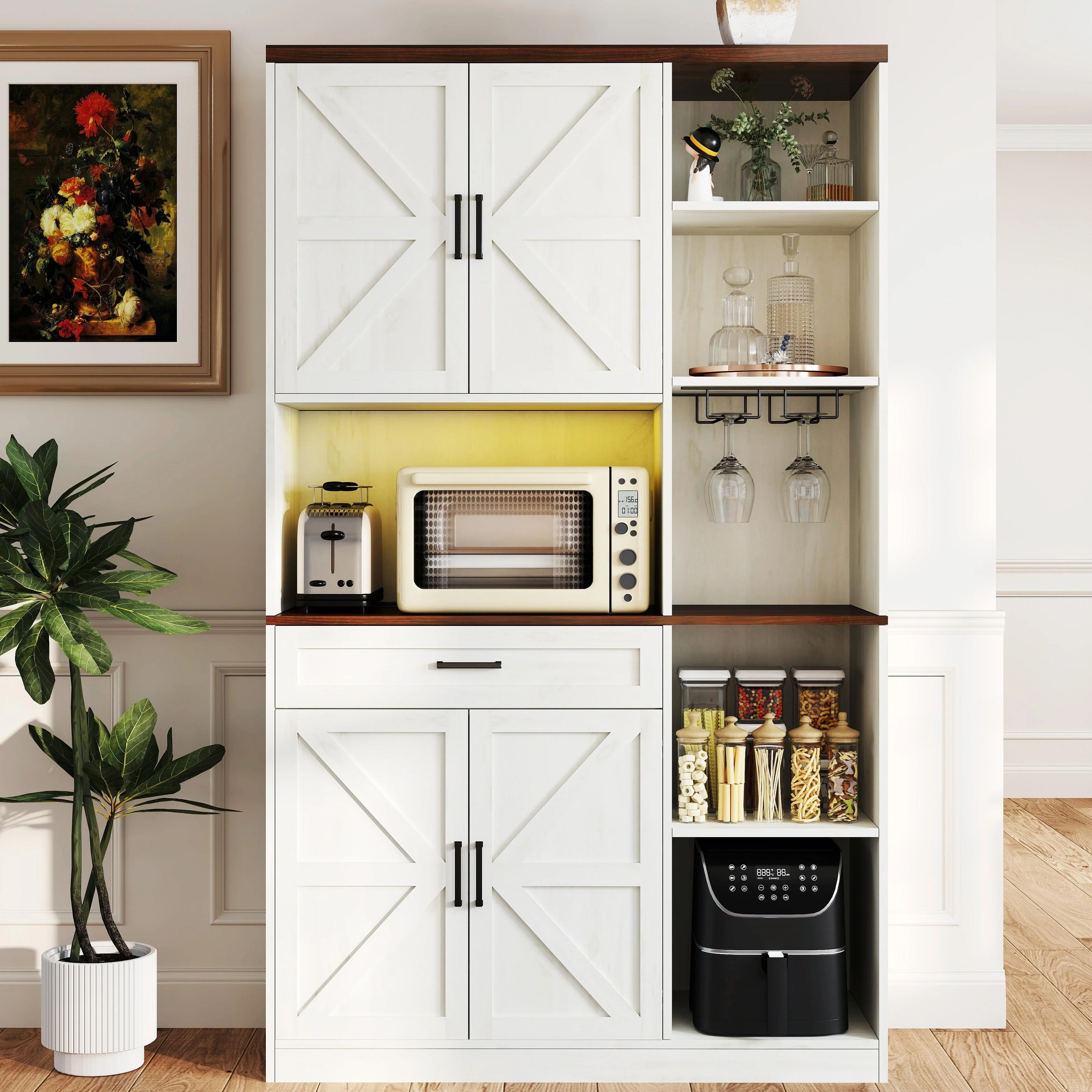 71 Farmhouse Pantry Cabinet - Hutch with Charging Station