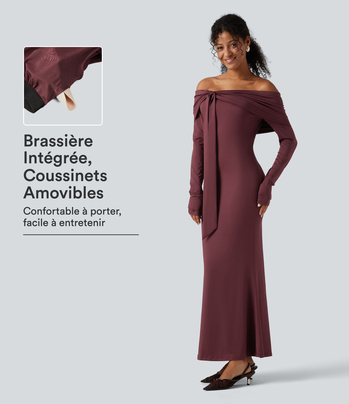 Robe maxi coupe sirène à épaules dénudées, manches longues, fronces et coussinets amovibles