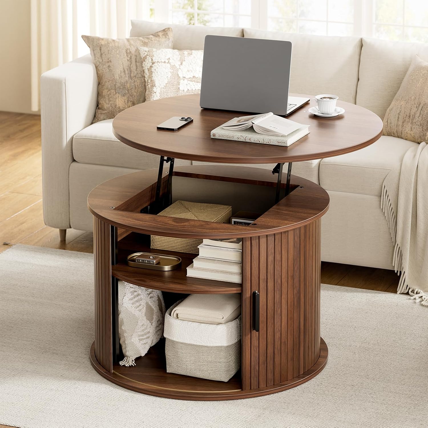 FABATO Round Lift Top Coffee Table, Fluted Wood Accent Coffee Table with Hidden Storage and Open Shelves, Drum Table with Sliding Rolling Door, Small Center Table Dining Table for Living Room, Walnut