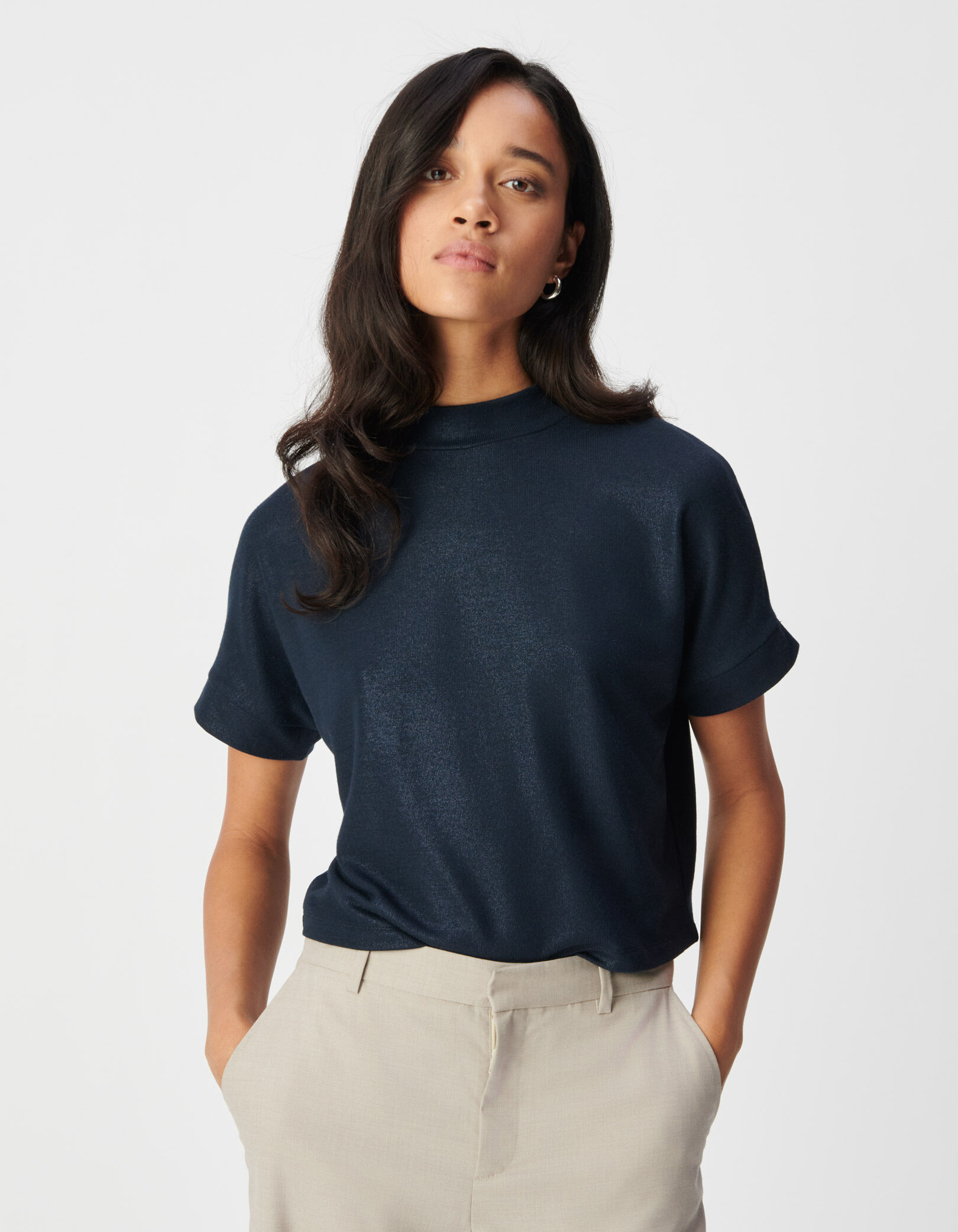 Tee-shirt manches courtes marine pailleté Femme