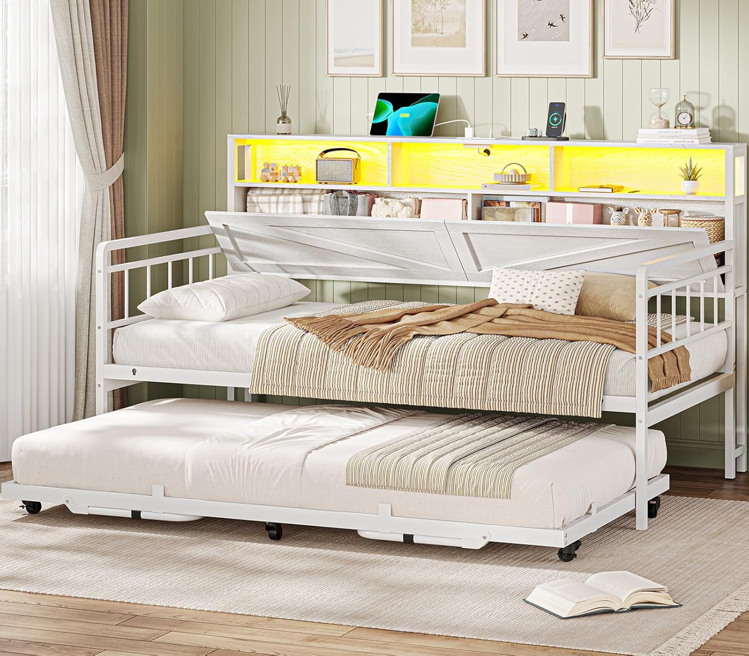 VIAGDO Day Bed with Trundle Bed Twin, Wood Day Bed with Hidden Storage Headboard, Farmhouse Daybed with Charging Station and LED Lights, Twin to King Daybed for Living Room, Guest Room, White