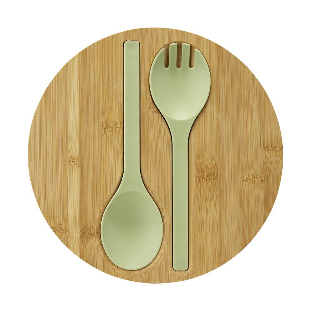 Saladier plastique vert avec couvercle bambou et couverts à salade assortis Ø25cm