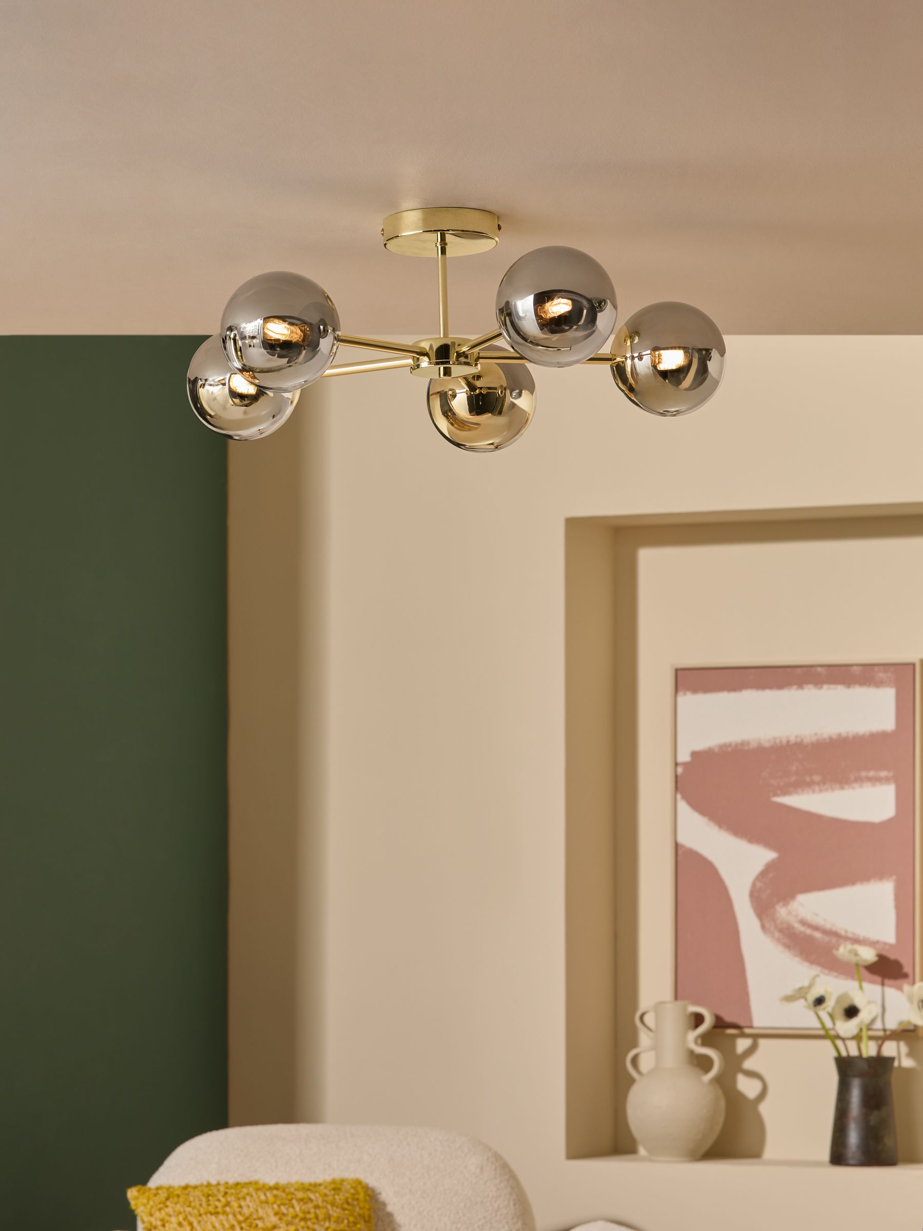 Globe 5 Light Flush Ceiling in Brass/Smoked Glass