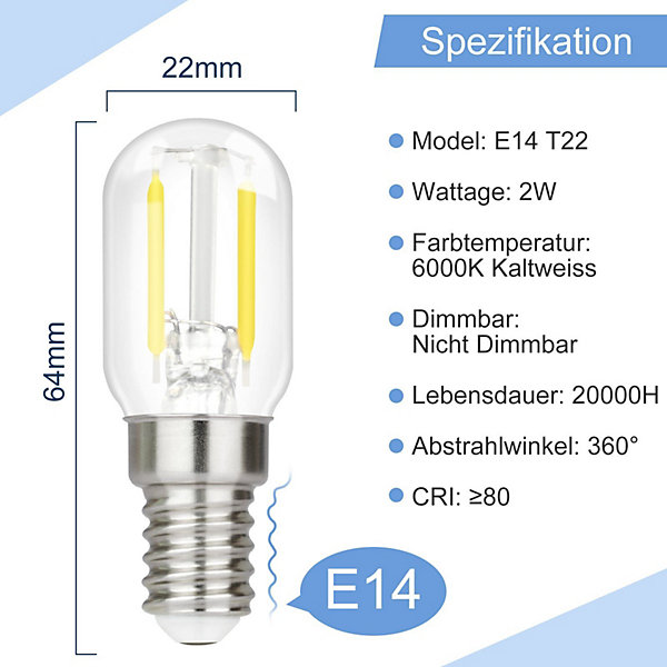 NETTLIFE Ampoules LED Ampoules LED E14 ampoules vintage T22 2W E14, 2 pièces, blanc froid, 6000K