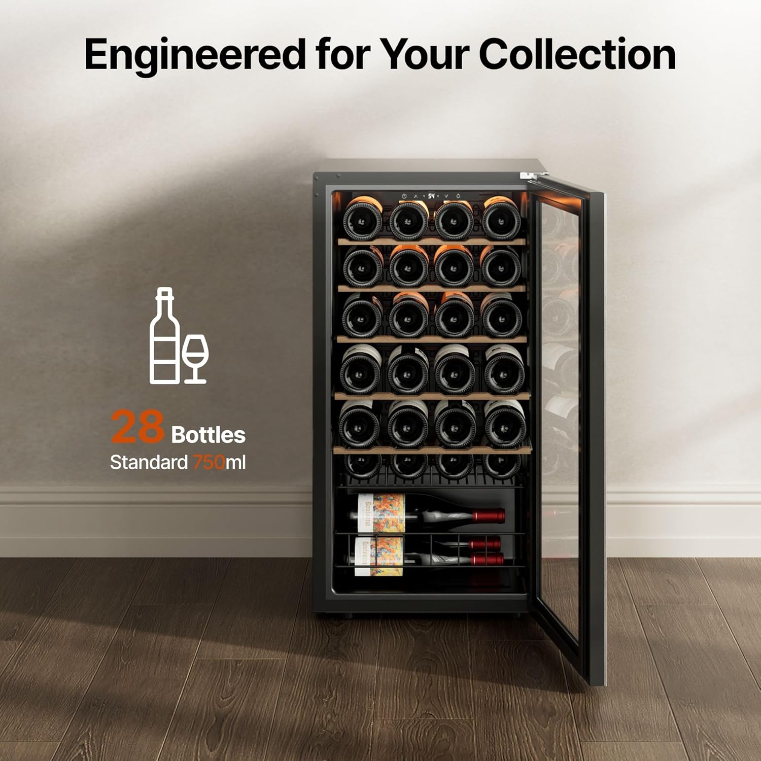 Ca'Lefort 28 Bottle Wine Fridge, Wine Cooler Refrigerator, Wine Refrigerators with Double-Pane Glass Door, 3-Color LED & Removable Shelves, 37-65℉ for Home/Bar/Office