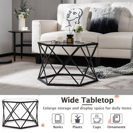 NNECW Geometric Coffee Table with Tempered Glass Top & Metal Legs