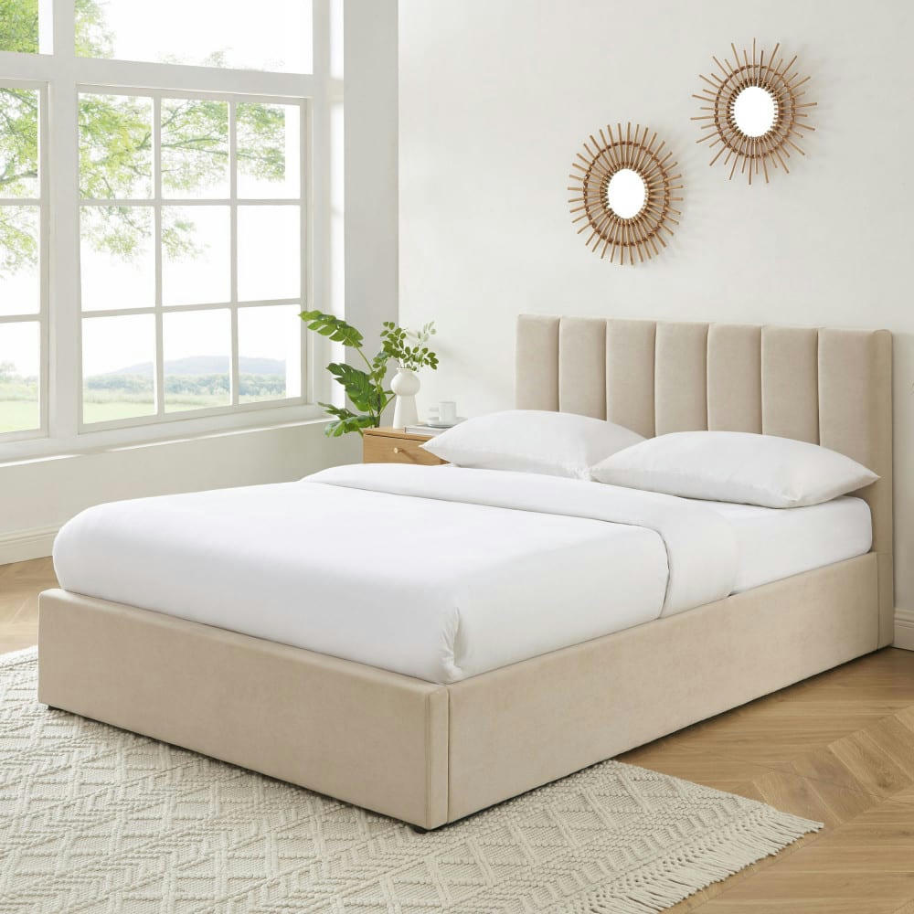 BILLIE - Lit coffre matelassé en tissu 140x190cm beige