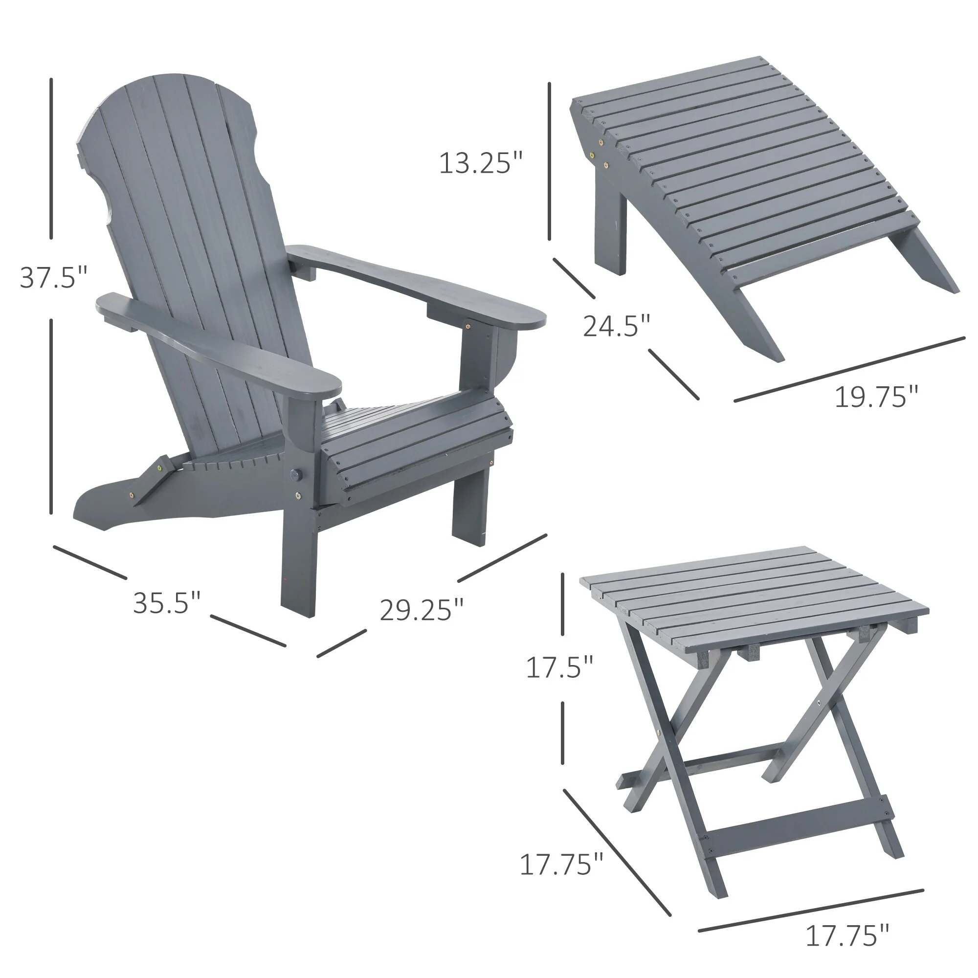 3-Piece Folding Adirondack Chair Set with Ottoman and Side Table, Rustic Outdoor Wooden Furniture for Patio, Backyard
