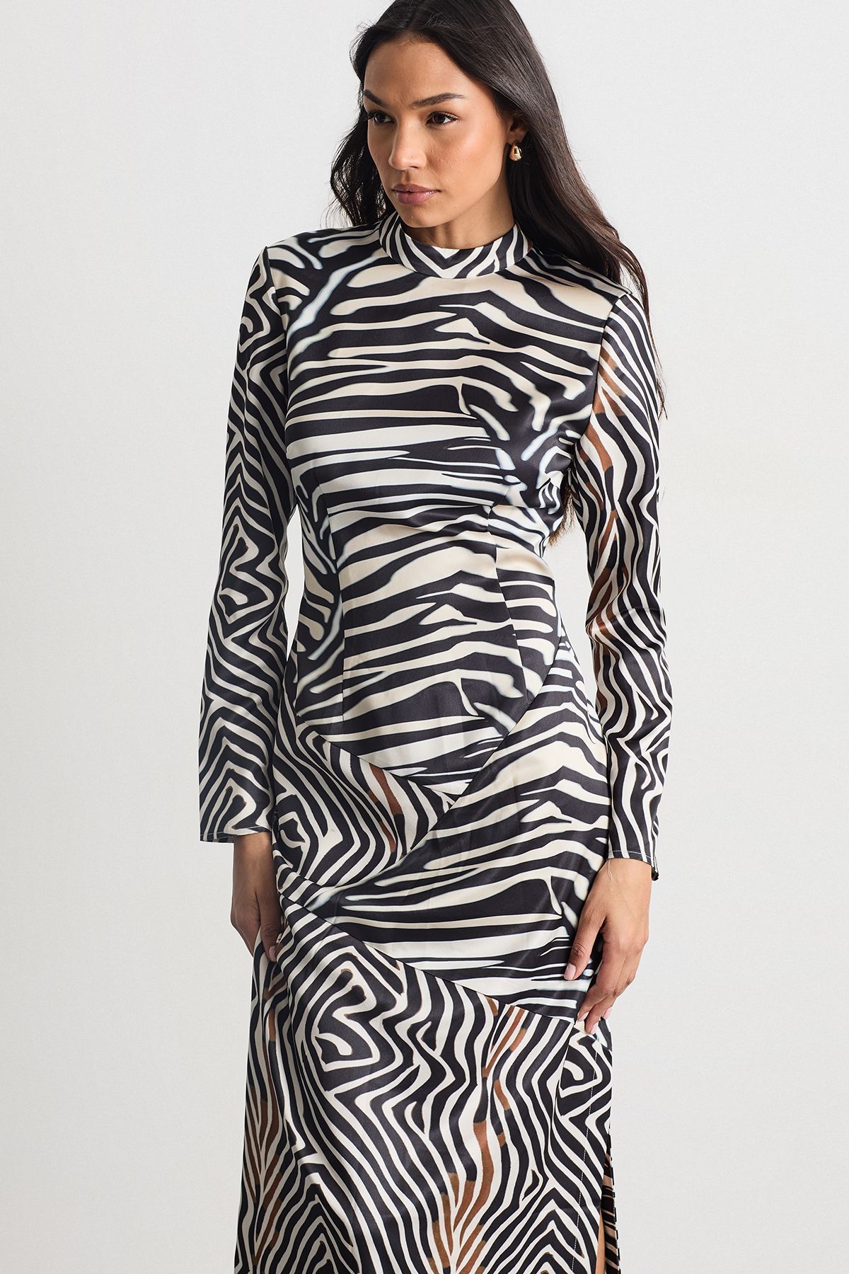 Warehouse Zebra Printed Satin Panelled Maxi Dress