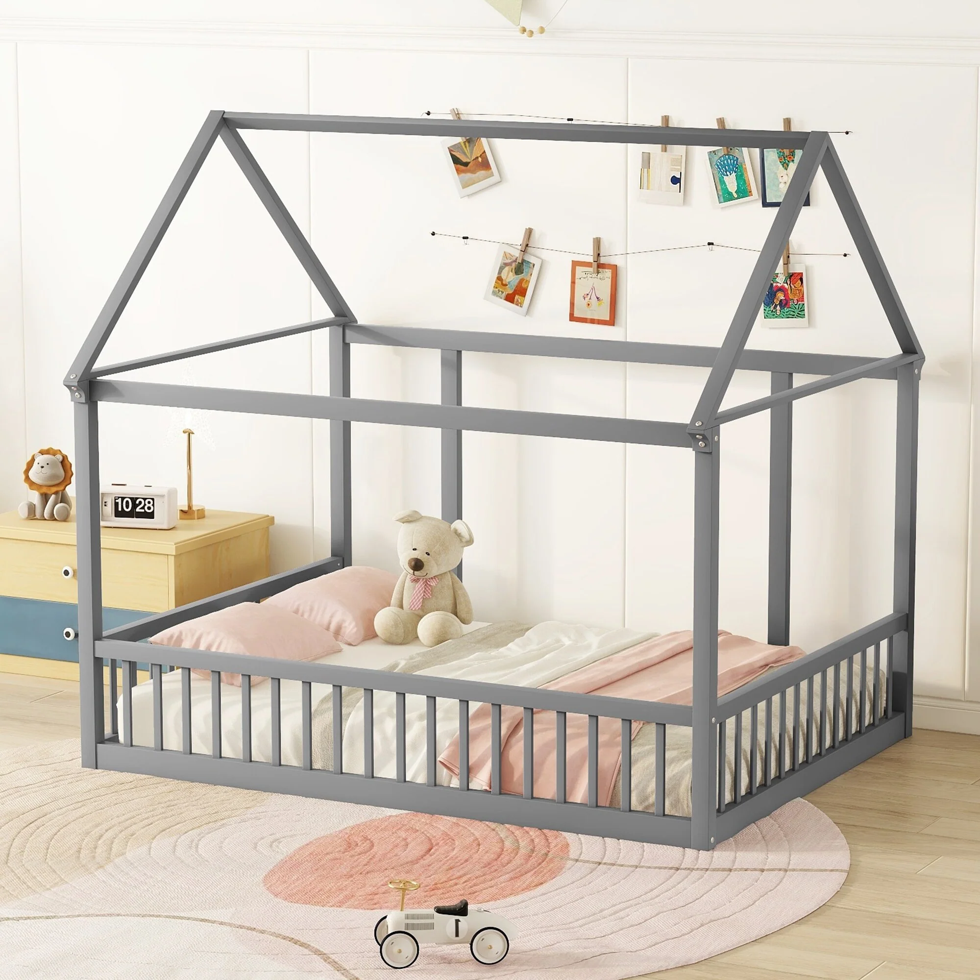 Full Size Kids Floor Bed with Wooden House Roof Frame, Safety Guardrails, and Open Front Design