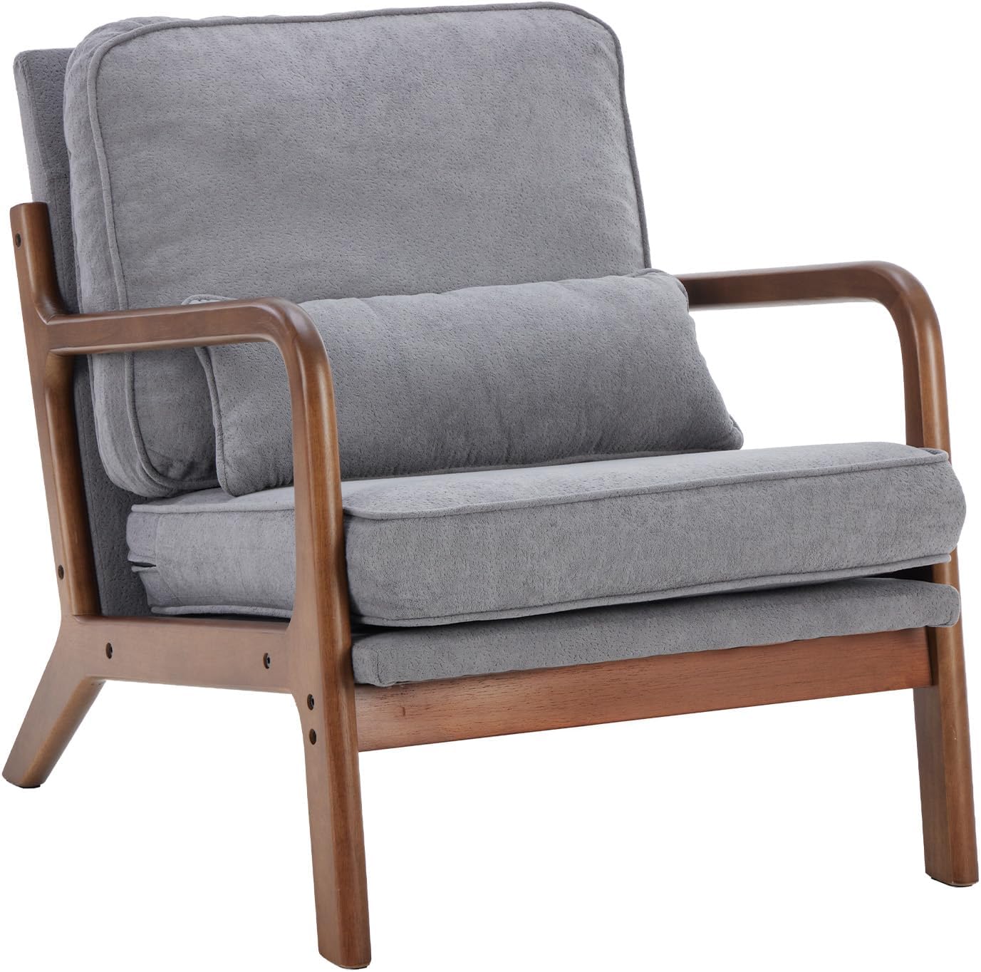 DUMOS Mid Century Accent Chair, Modern Living Room Chair with Arms and Waist Cushion, Reading Chairs for Adults, Lounge Chair for Bedroom, Solid Wooden Frame,Classic Grey