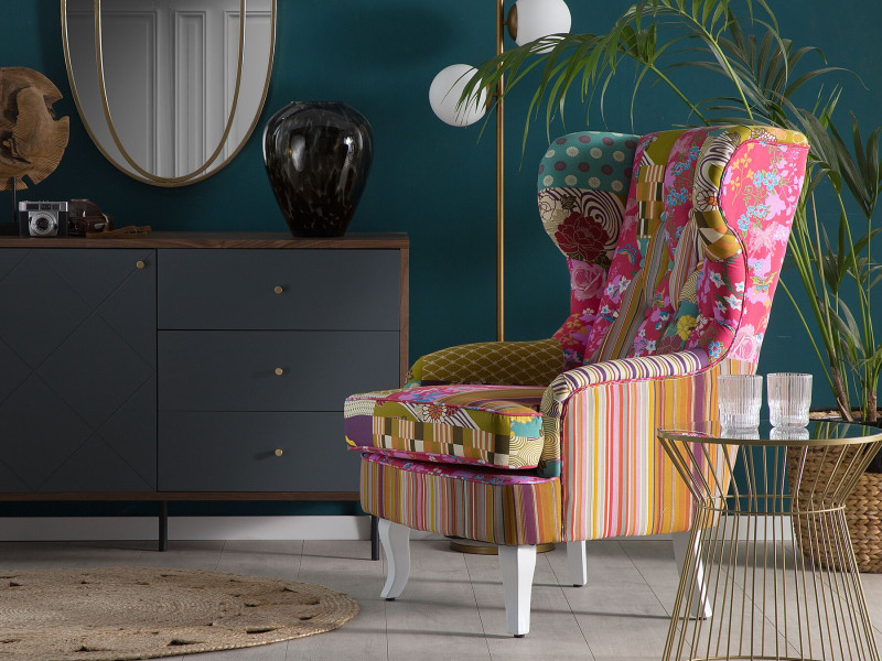 Fotel uszak patchwork wielokolorowy różowy