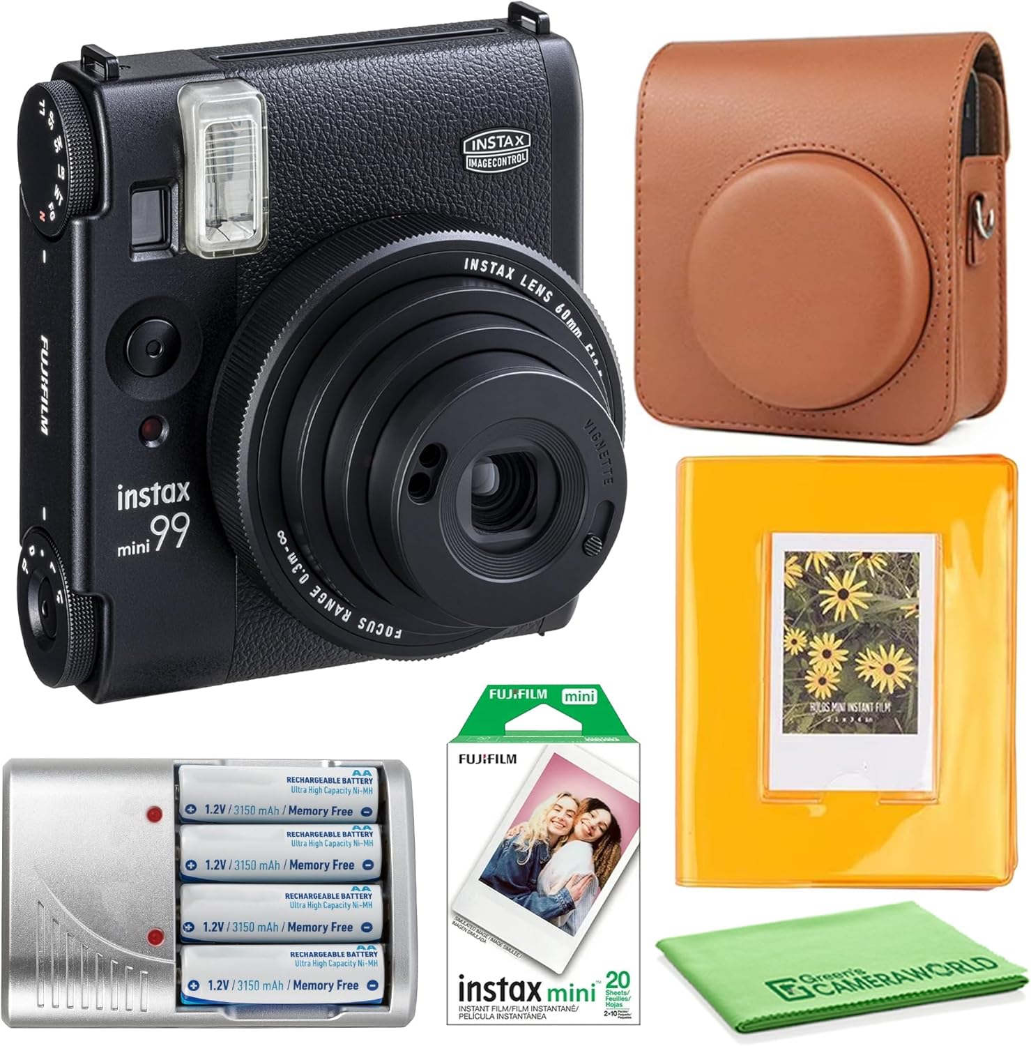 Fujifilm Instax Mini 99 Instant Camera Bundle with Fuji Instax Mini Instant Film Value Pack (20 Sheets) + Carrying Case - Brown + Photo Album – 64 Pockets + More