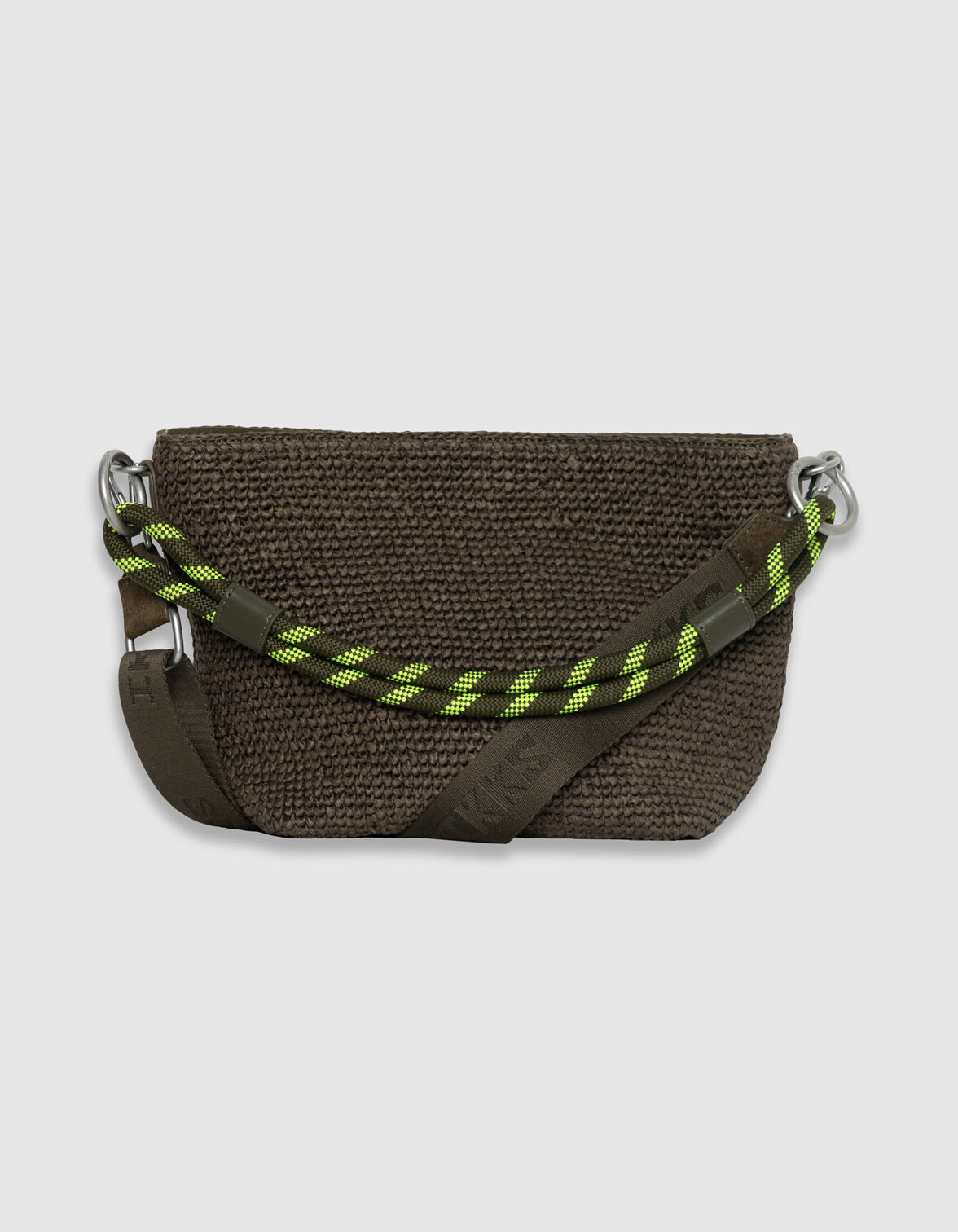 Sac seau kaki raphia tressé double anse Femme