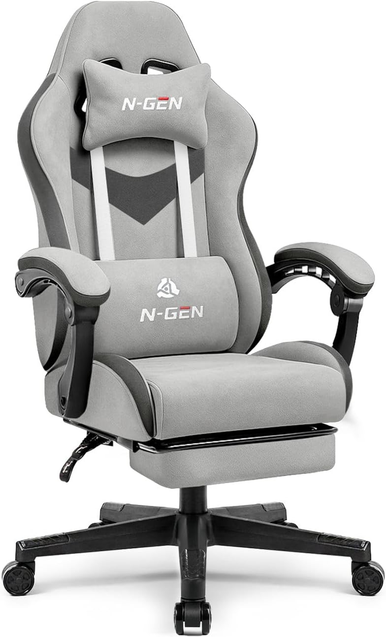 N-GEN GAMING Video Gaming Chair with Footrest Lumbar Support for Home Office High Back Recliner Height Adjustable Ergonomic Comfy Fabric Computer Desk Chair (Grey)