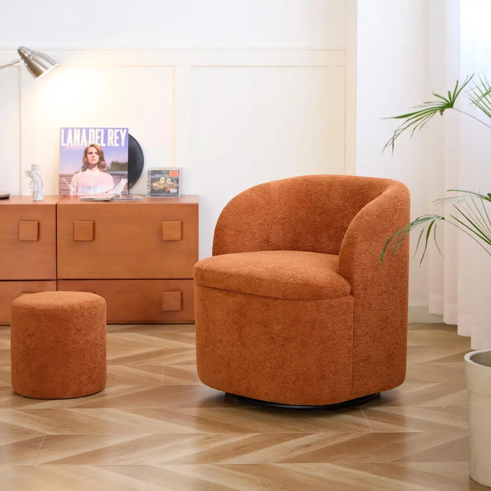 Salonstoel Swivel met Pouf van metaal en Terracotta fluweel
