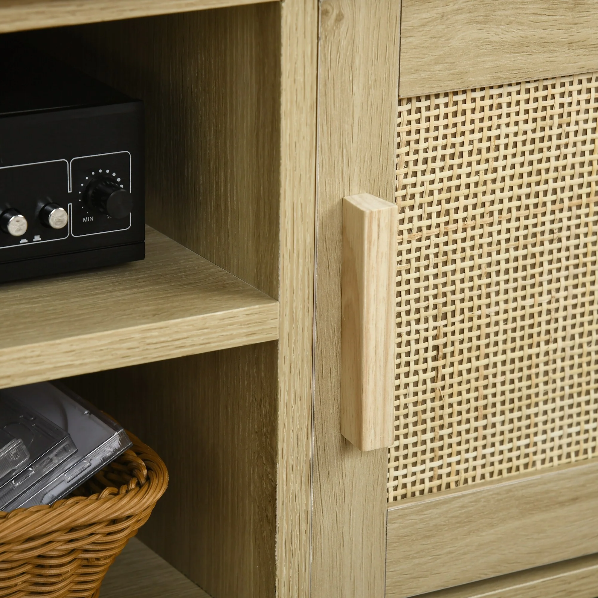 47 TV Stand with Rattan Door, Adjustable Shelf & Cabinets