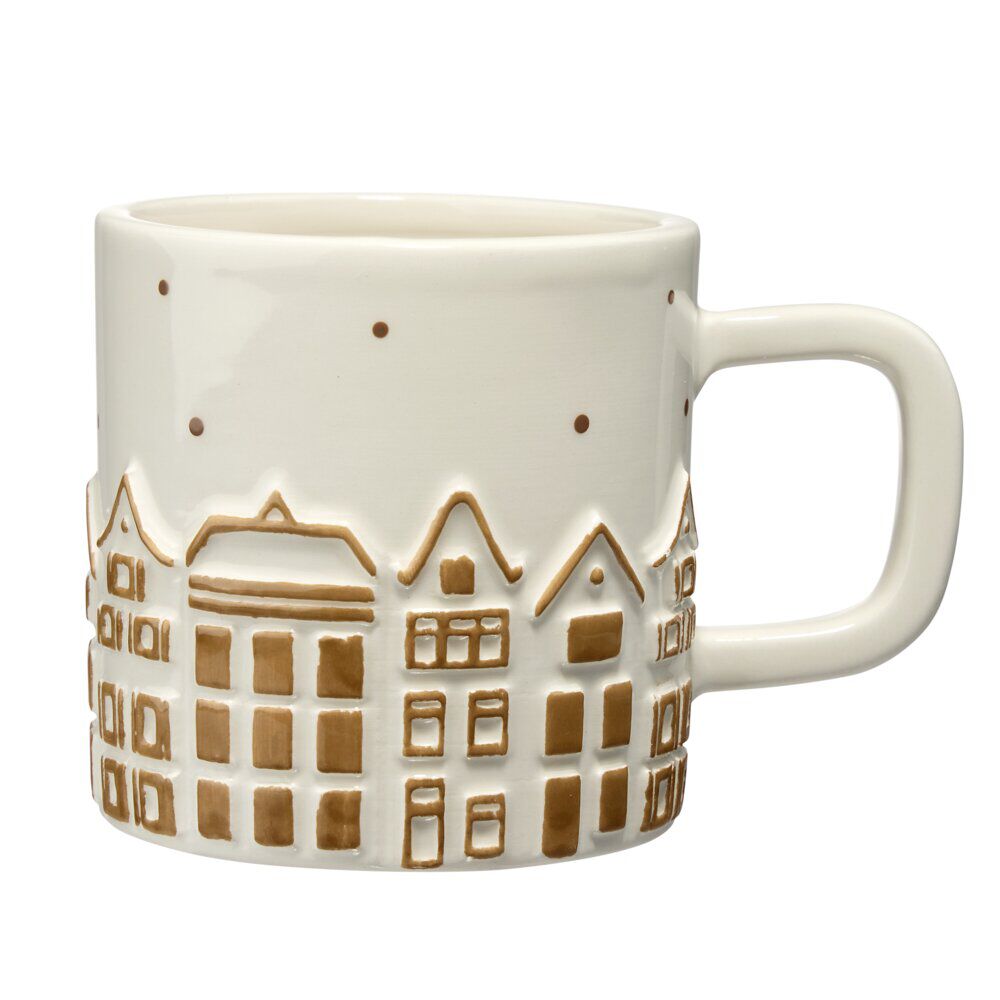 Mug imprimé relief village de No&euml;l Ø18XH8 cm céramique écru et doré