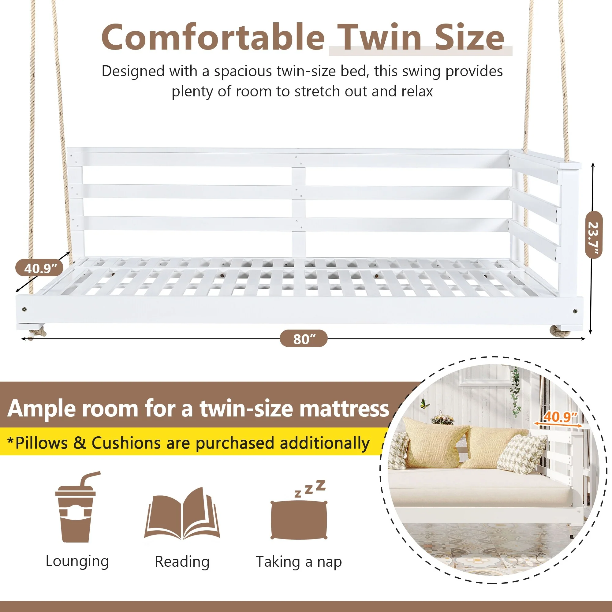 Country Patio Wooden Twin Size Swing Daybed Porch Swing Frame with 4pcs 96-inch Hemp Ropes for Backyard, Garden, White