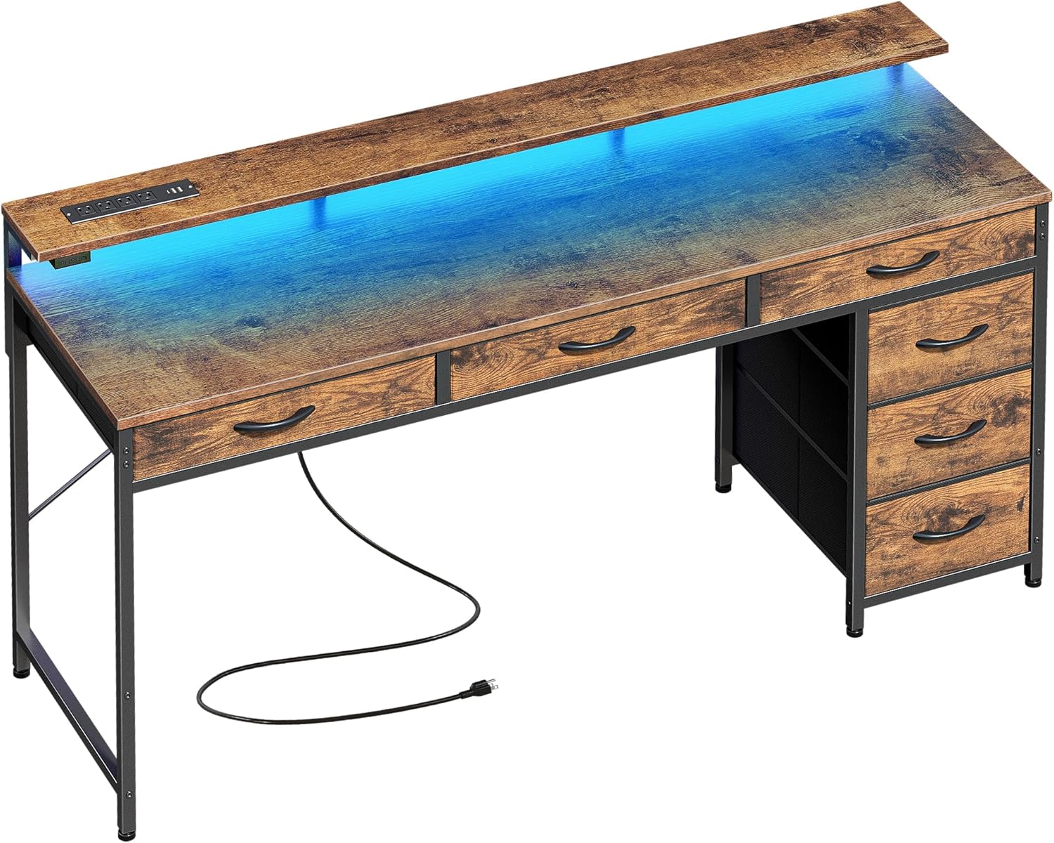 Huuger Gaming Desk with 6 Drawers, Computer Desk with LED Lights Power Outlets and Type-C, 55 Inch Office Desk with Storage, Monitor Stand, Writing Desk Work Desk for Home Office, Study, Rustic Brown