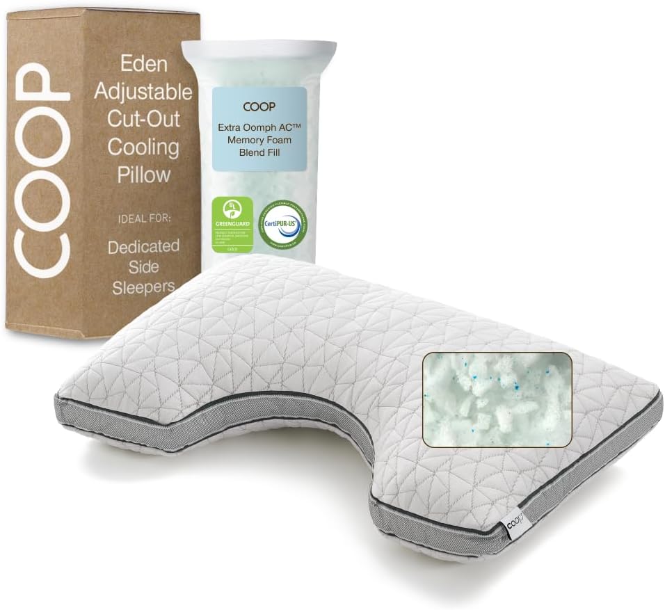 Coop Home Goods Eden Cut-Out Bed Pillow for Side Sleepers, Queen Size, Adjustable Medium Soft Memory Foam Cooling Pillow with Ergonomic Shoulder Cut-Out, CertiPUR-US/GREENGUARD Gold