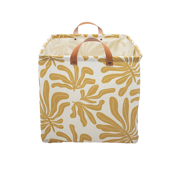 Boîte de rangement carrée en polycoton avec cadre Mixxit motif feuilles blanc et jaune