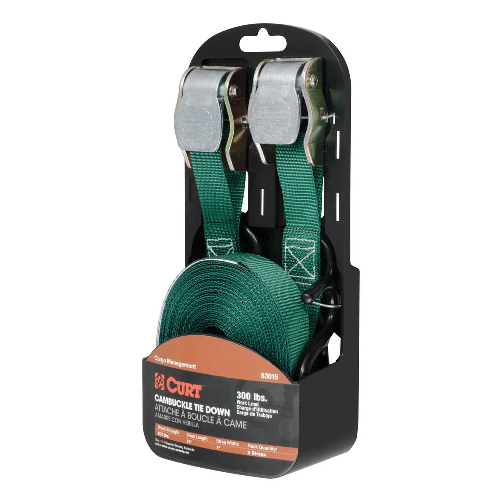 CURT Cargo Straps w/ S-Hooks, Dark Green, 300-lb, 15-ft, 2-pk