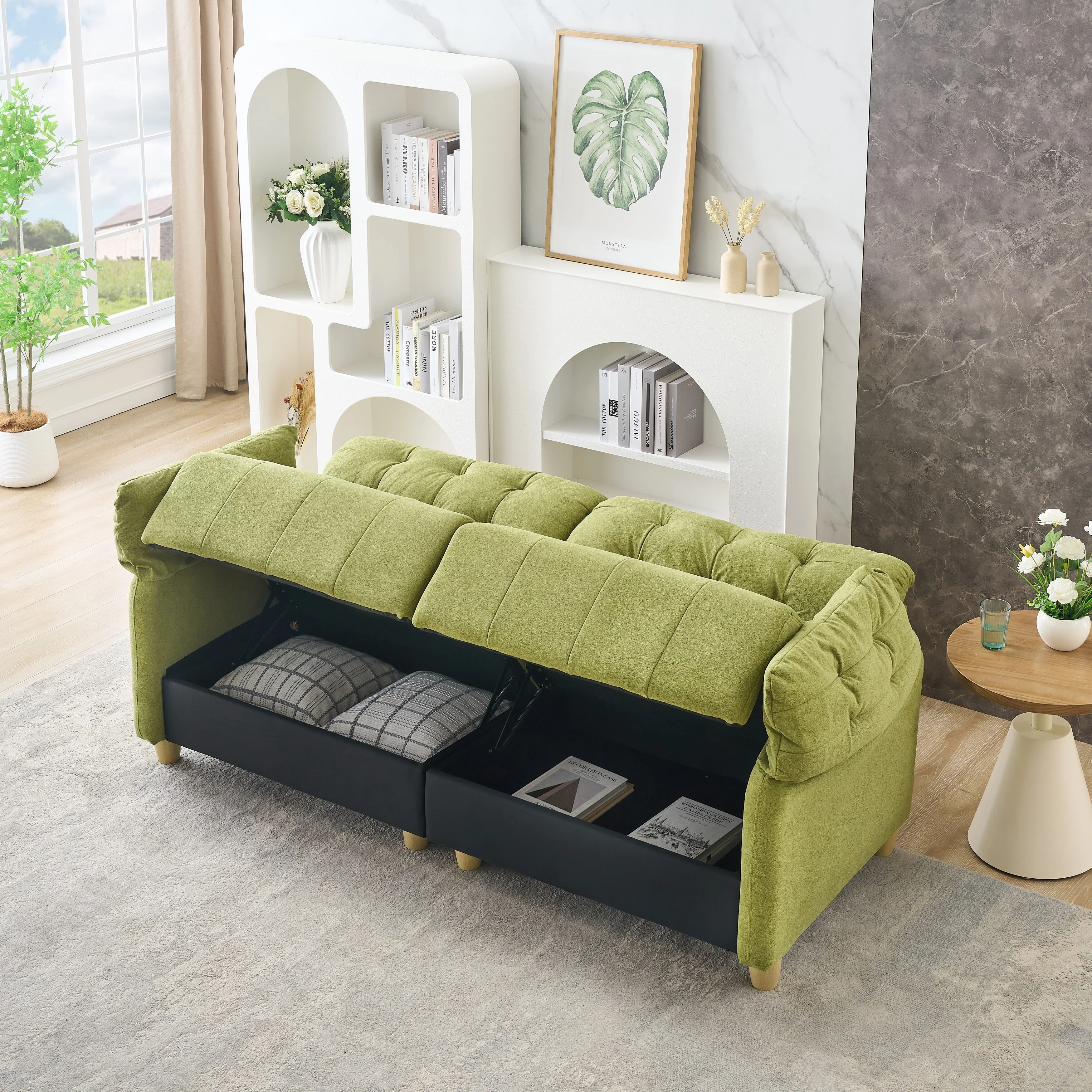 French Retro Cloud Fabric Double-Seat Creamy Style Straight-Line Sofa