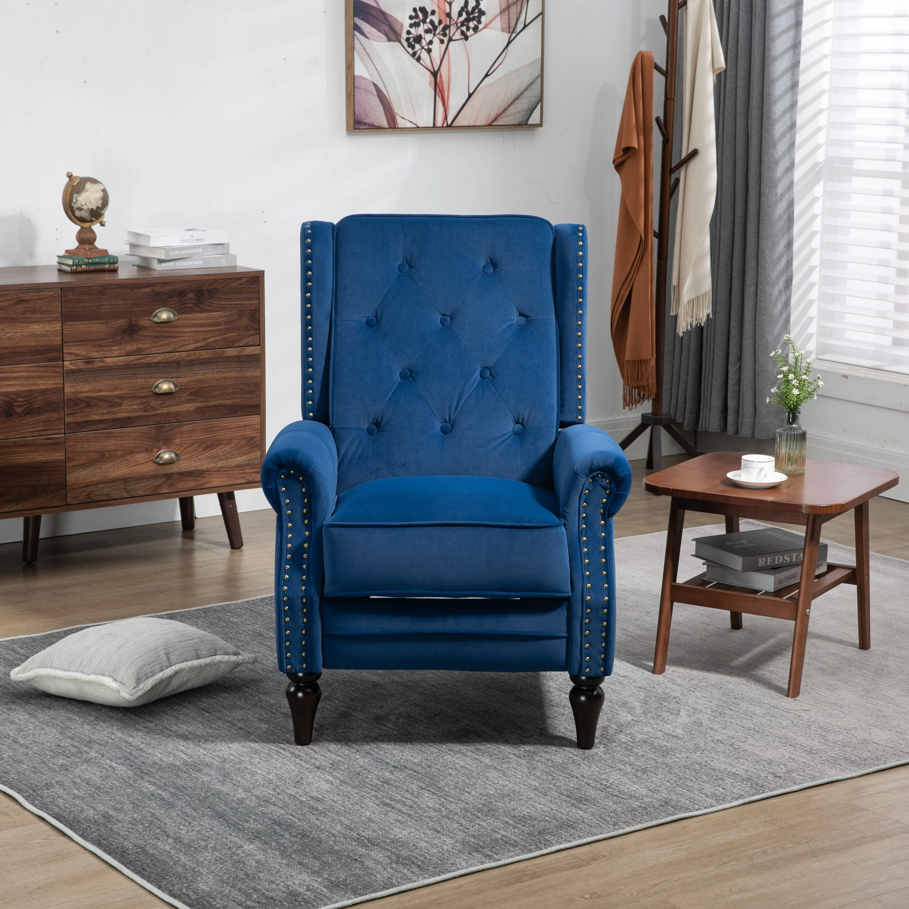 Velvet Upholstered Nailhead Tufted Recliner Chair with Black Legs