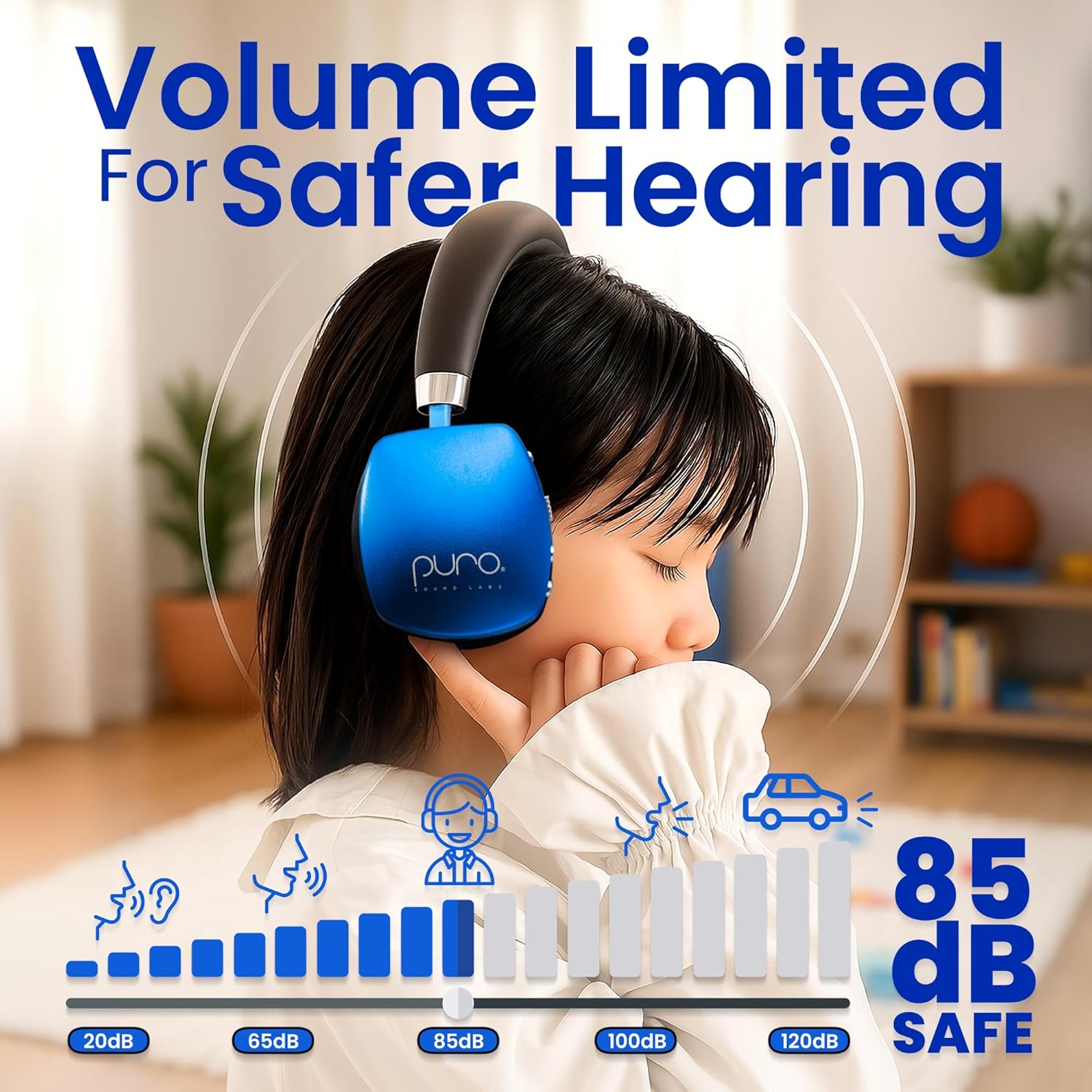 Puro Sound Labs Noise Cancelling Headphones for Kids - 85 dB Volume Limit, Built in Mic, 35-Hour Battery, Lightweight On Ear Design & Comfy Fit, Bluetooth Headphones for Kids – PuroQuiet Plus, Blue