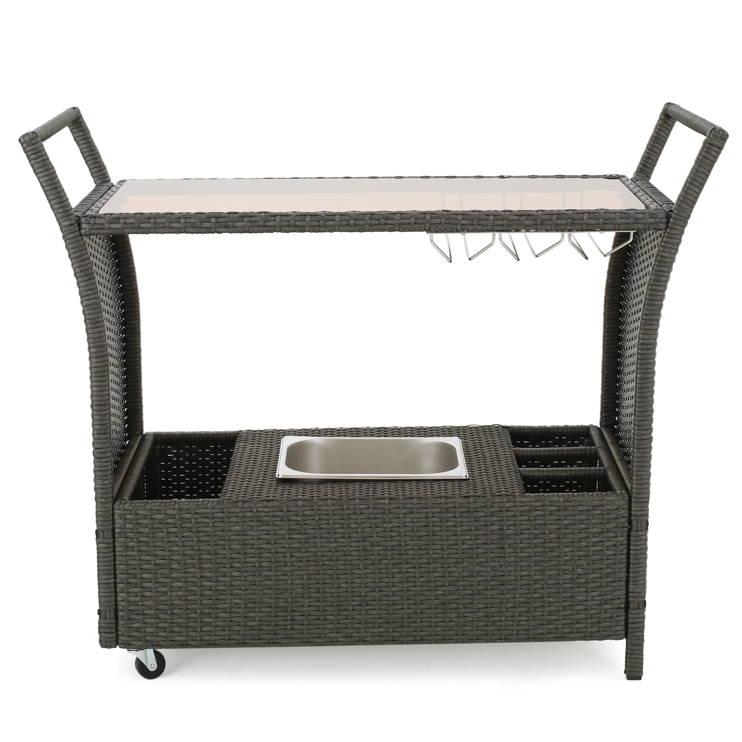 Outdoor Rattan Bar Cart with Removable Ice Bucket, Tempered Glass Top & Wheels, Mobile Beverage Serving Cart with Aluminum Frame