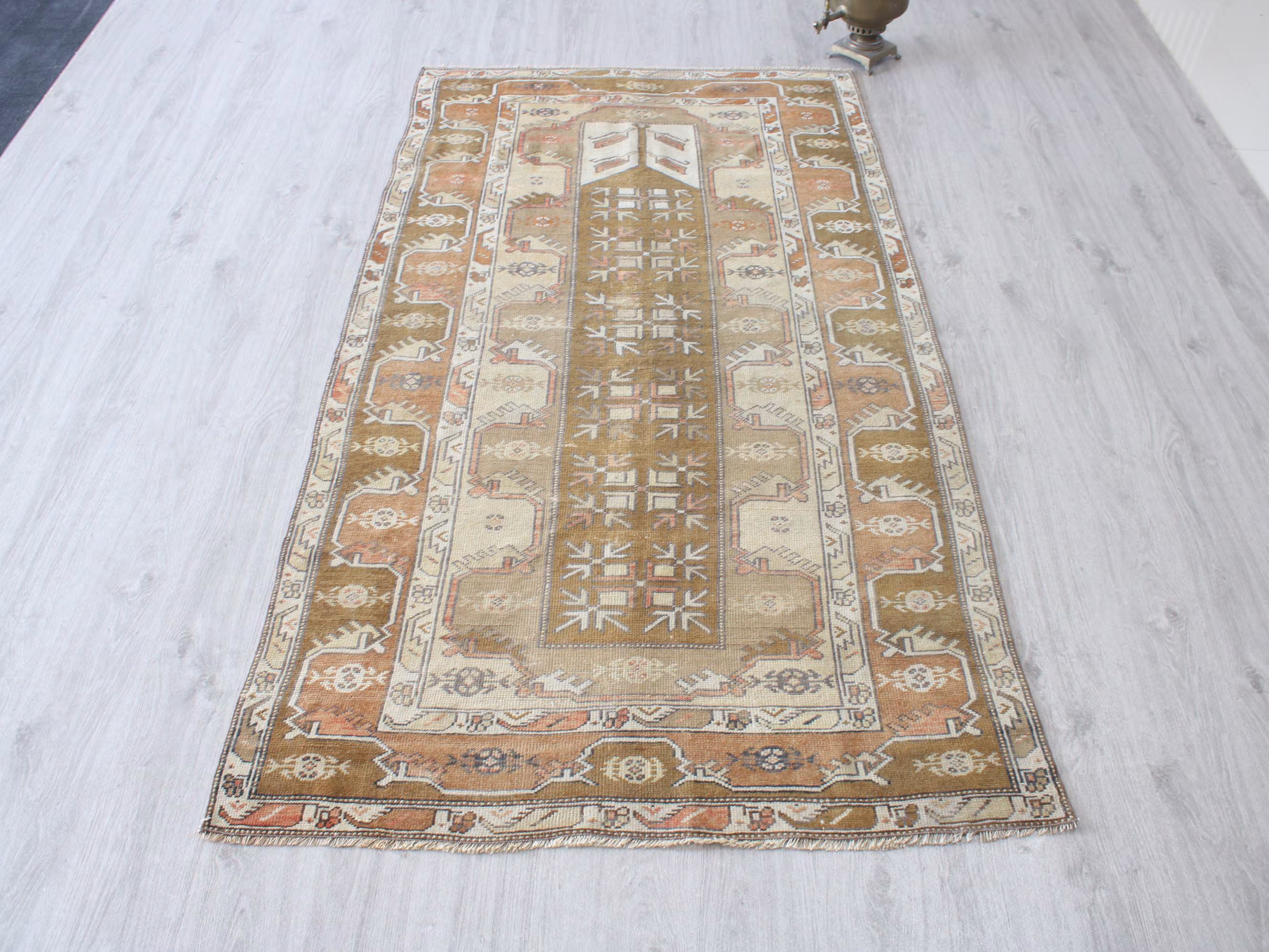 4x7 Brown Rug, Neutral Wool, Vintage Turkish Area Rug, Bedroom, 3.8x7.0 ft, Moroccan