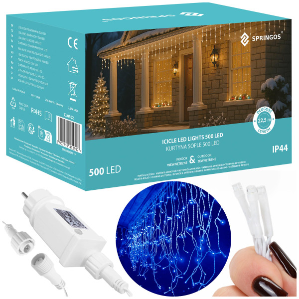 Kurtyna świetlna 1500 led lampki zewnętrzne sople niebieski