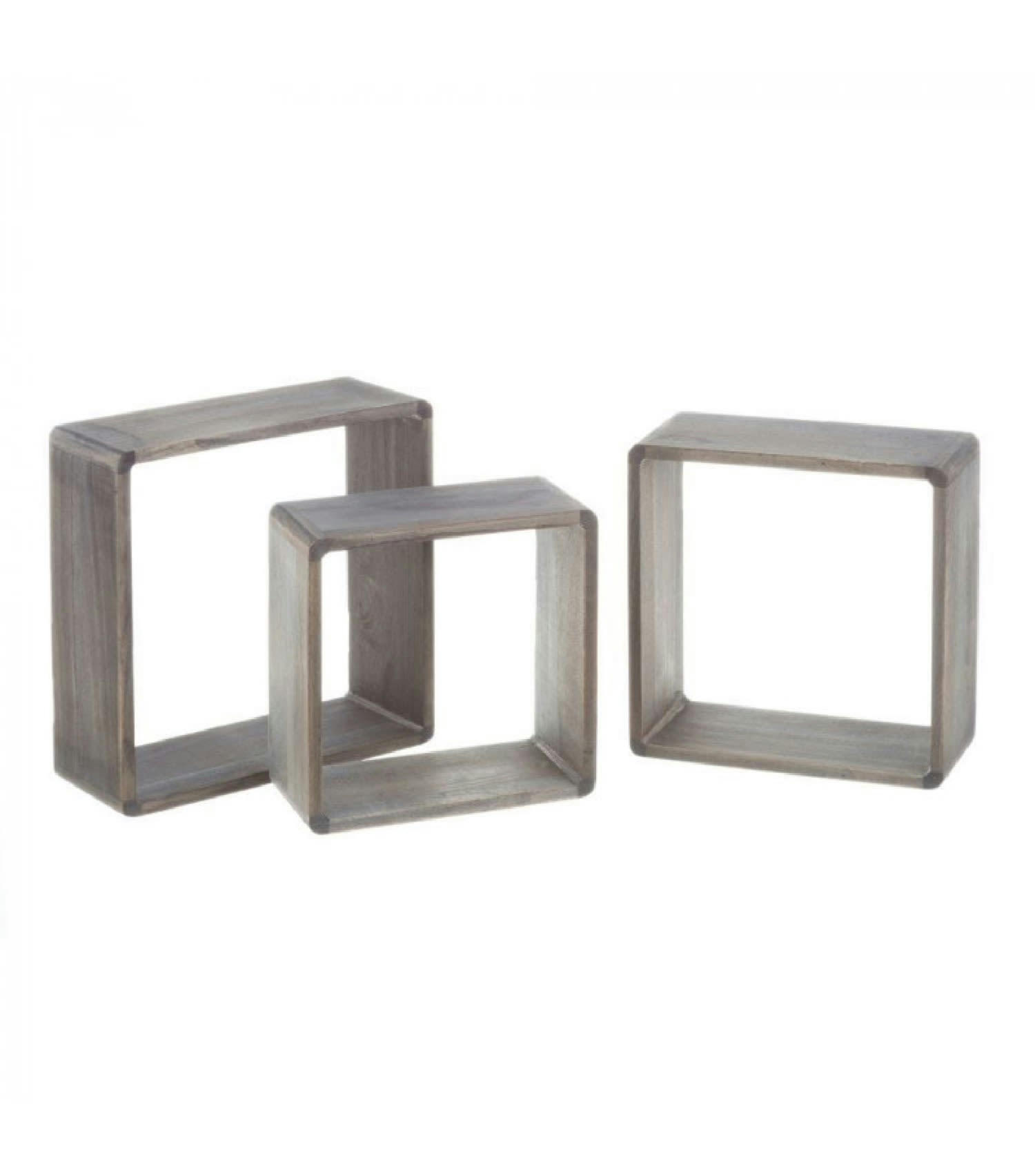 PAULOWNIA - Set de 3 Étagères Murales en Bois Gris - 30x30x12cm