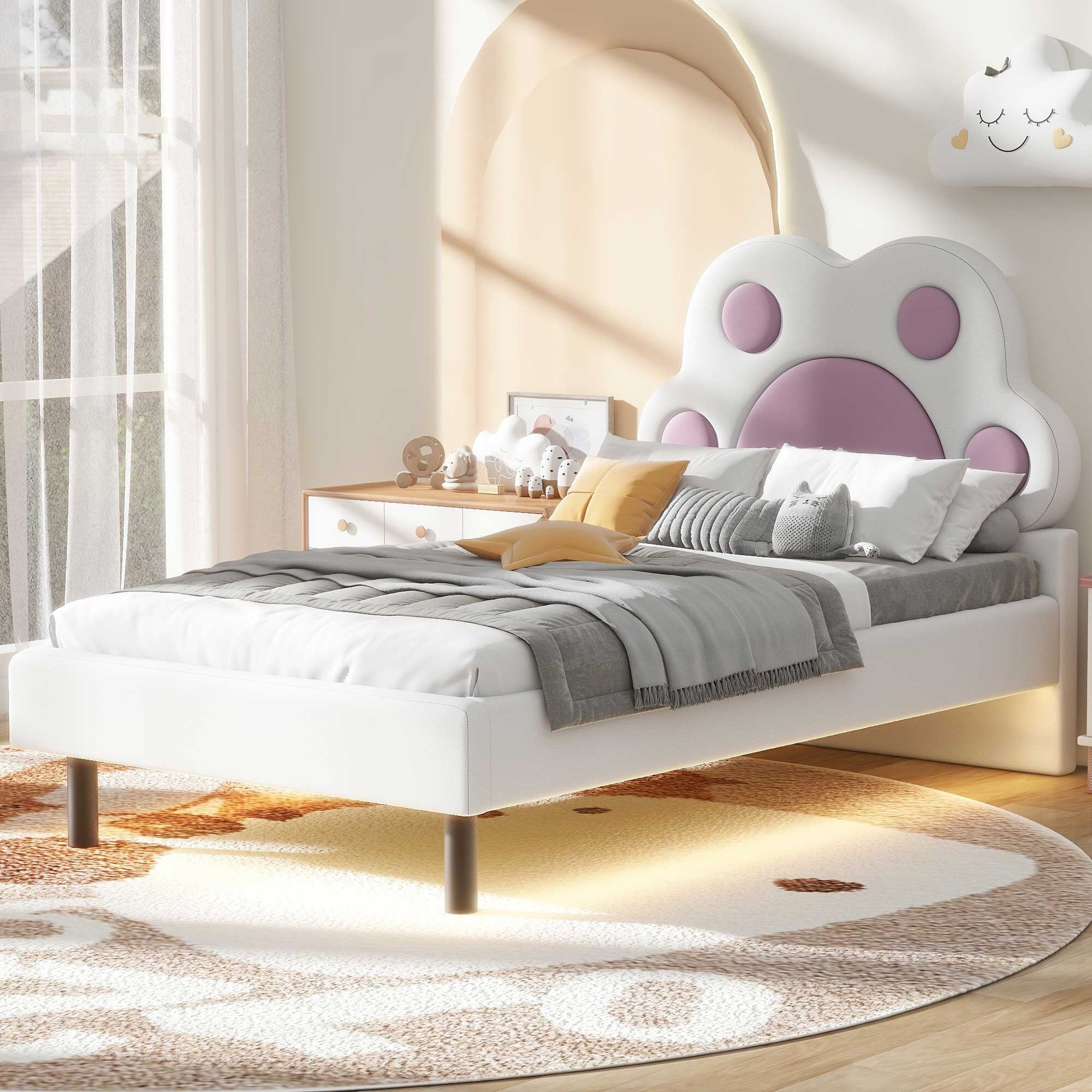 Twin Size Pink Upholstered Platform Bed with Animal Paw Headboard and LED Light