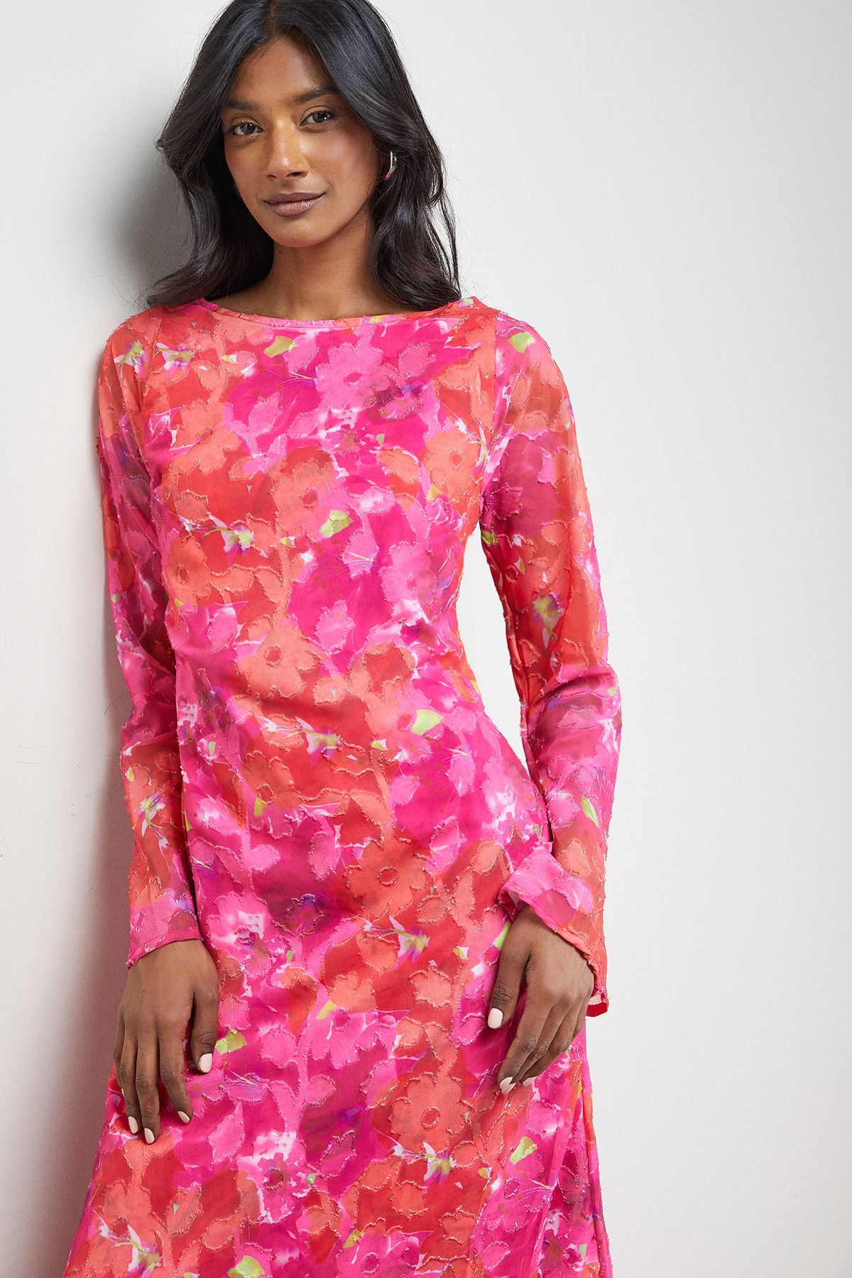 Warehouse Burnout Floral Chiffon Slash Neck Bias Midi Dress