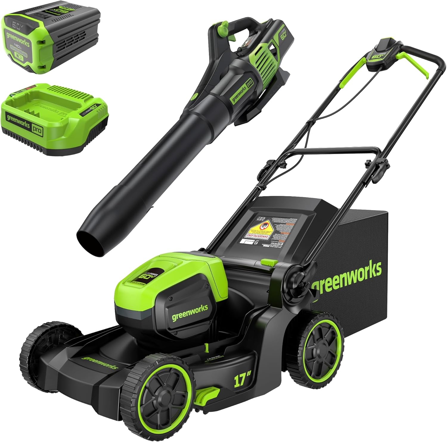 Greenworks 60V 17 Brushless (Push) Mower + 60V (610 CFM) Brushless Blower  4.0Ah Battery and 3A Charger