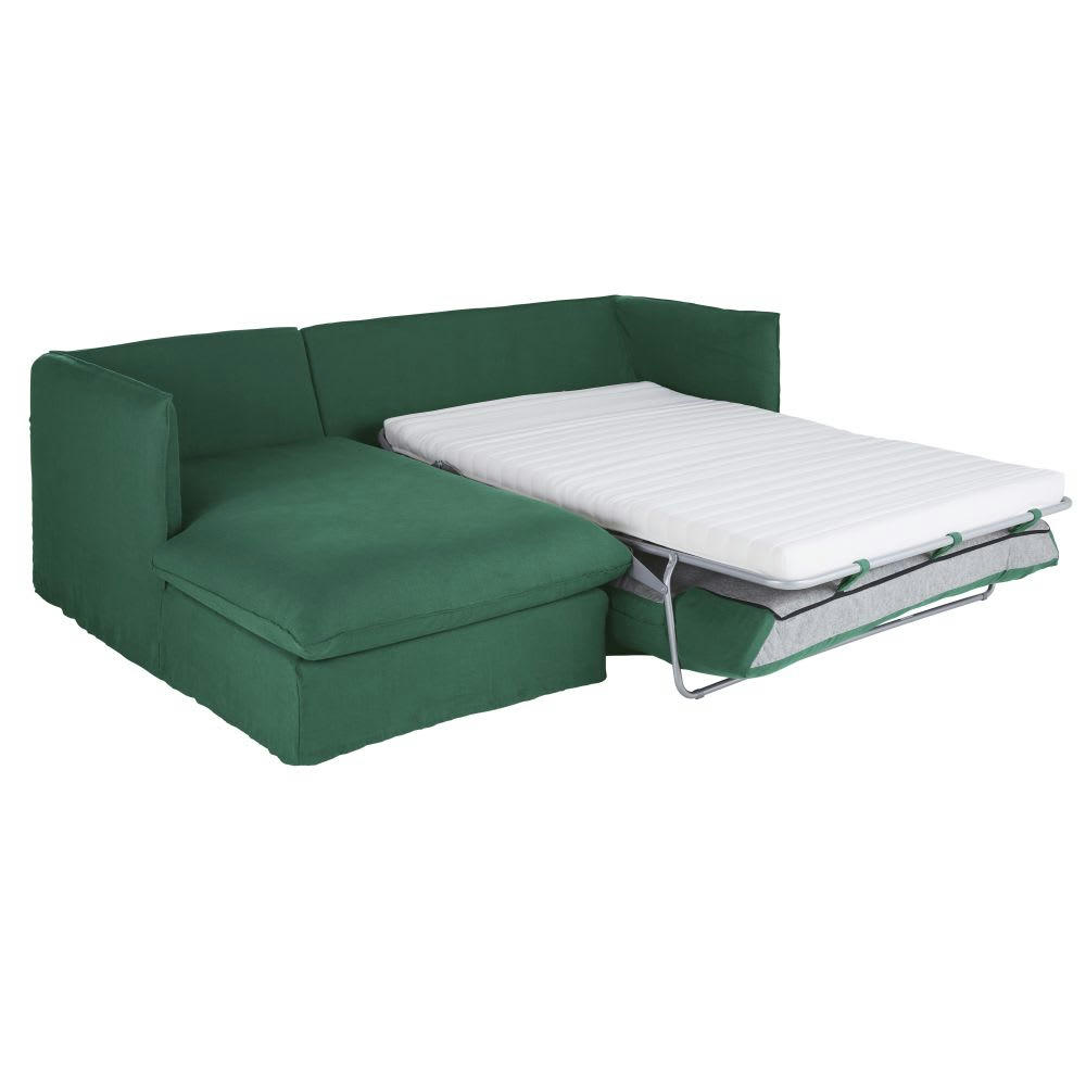 Louvain - Canapé d'angle gauche convertible 3/4 places en lin froissé vert, matelas 10 cm