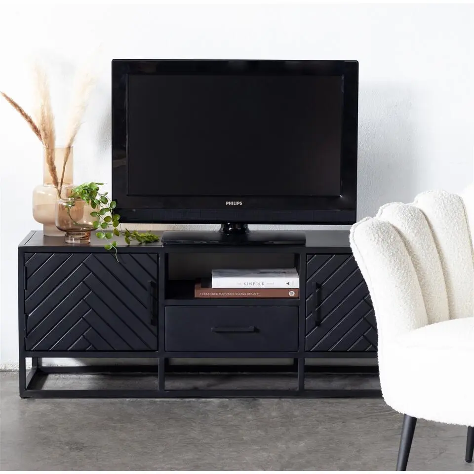 Tv Meubel Zwart Visgraat - Mangohout - 140cm - Kast Isa