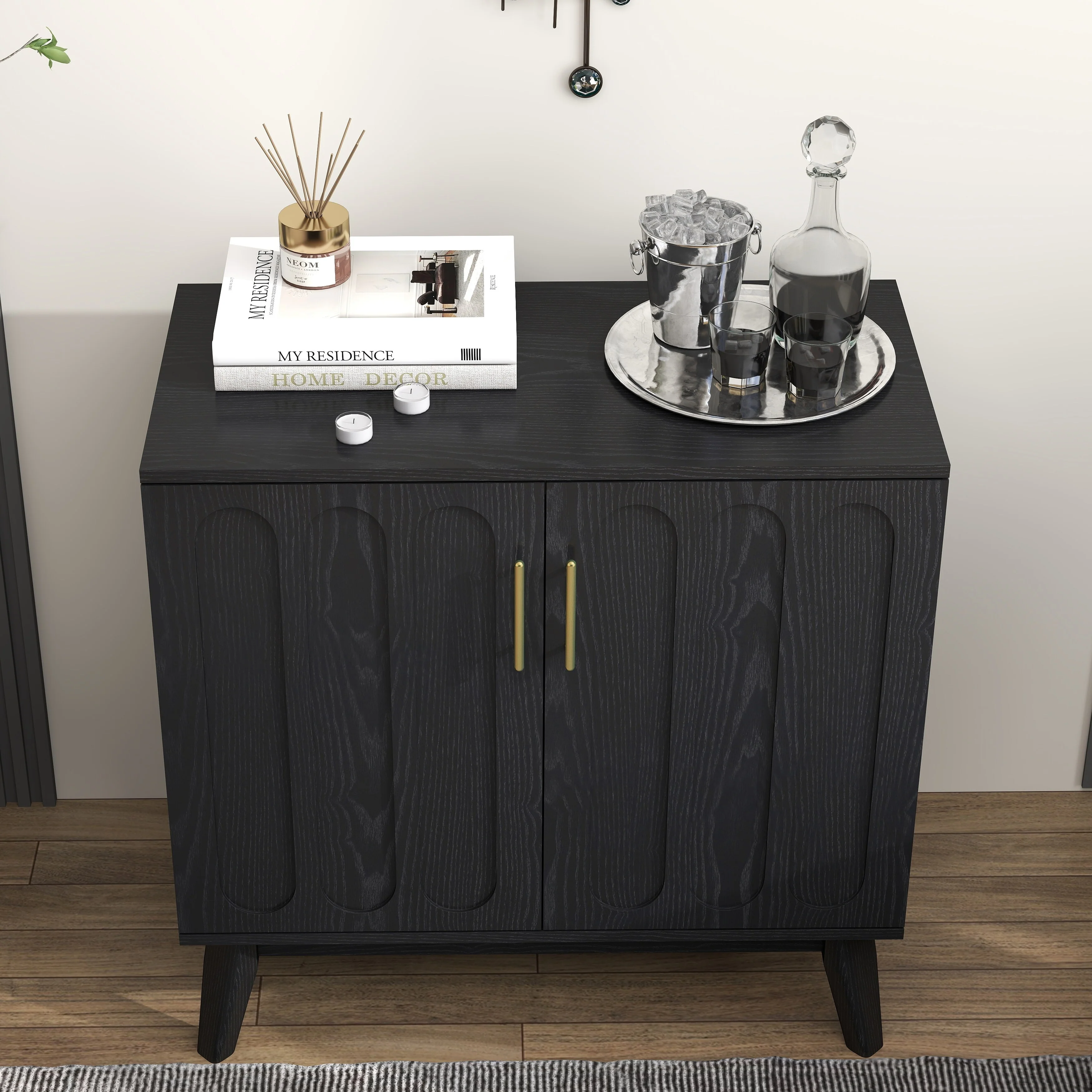 Mid-Century Walnut Sideboard With Fluted Design, Adjustable Shelves, And Wood Legs, Perfect For Multi-Room Storage.