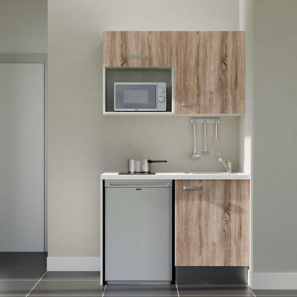Kitchenette K07 façades Bois - Plan de travail Blanc - Crédences : Non - Evier inox - Electroménager Inox inclus