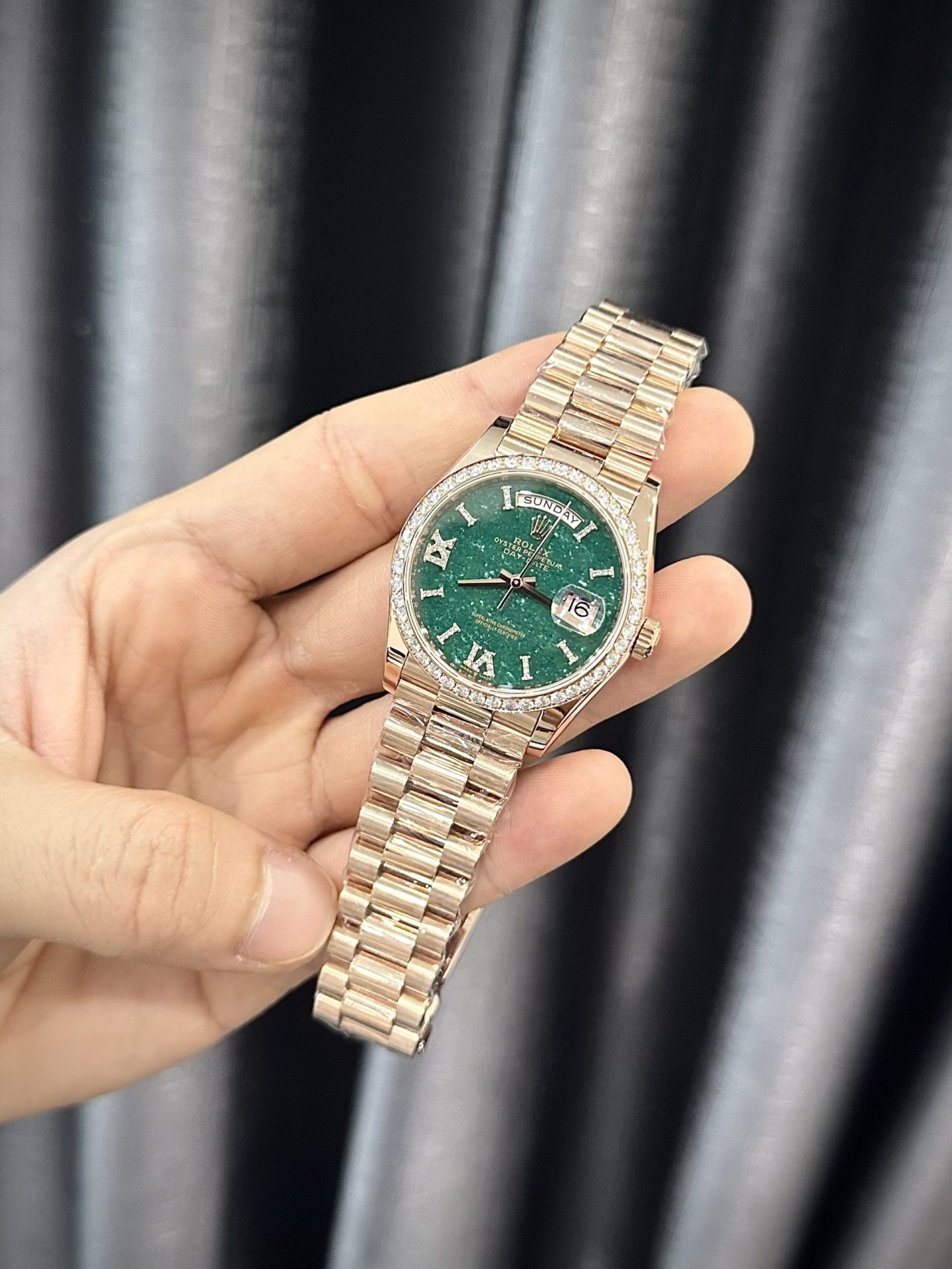 Rolex Day-Date 128235 RG Plated Green Dial With Diamonds 36mm Super Clone