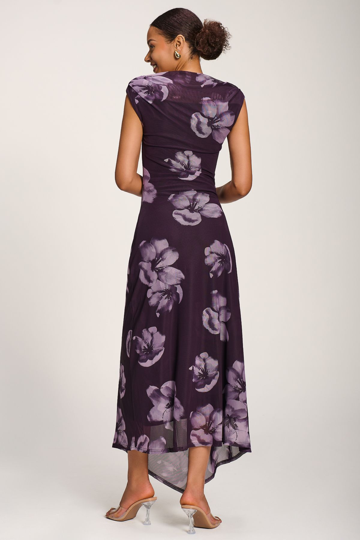Jolie Moi Asymmetric Draped Mesh Maxi Dress
